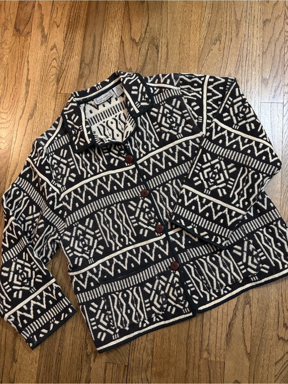 Jane Ashley Southwestern Black & Cream Aztec Knit Jacket Sweater Cardigan L